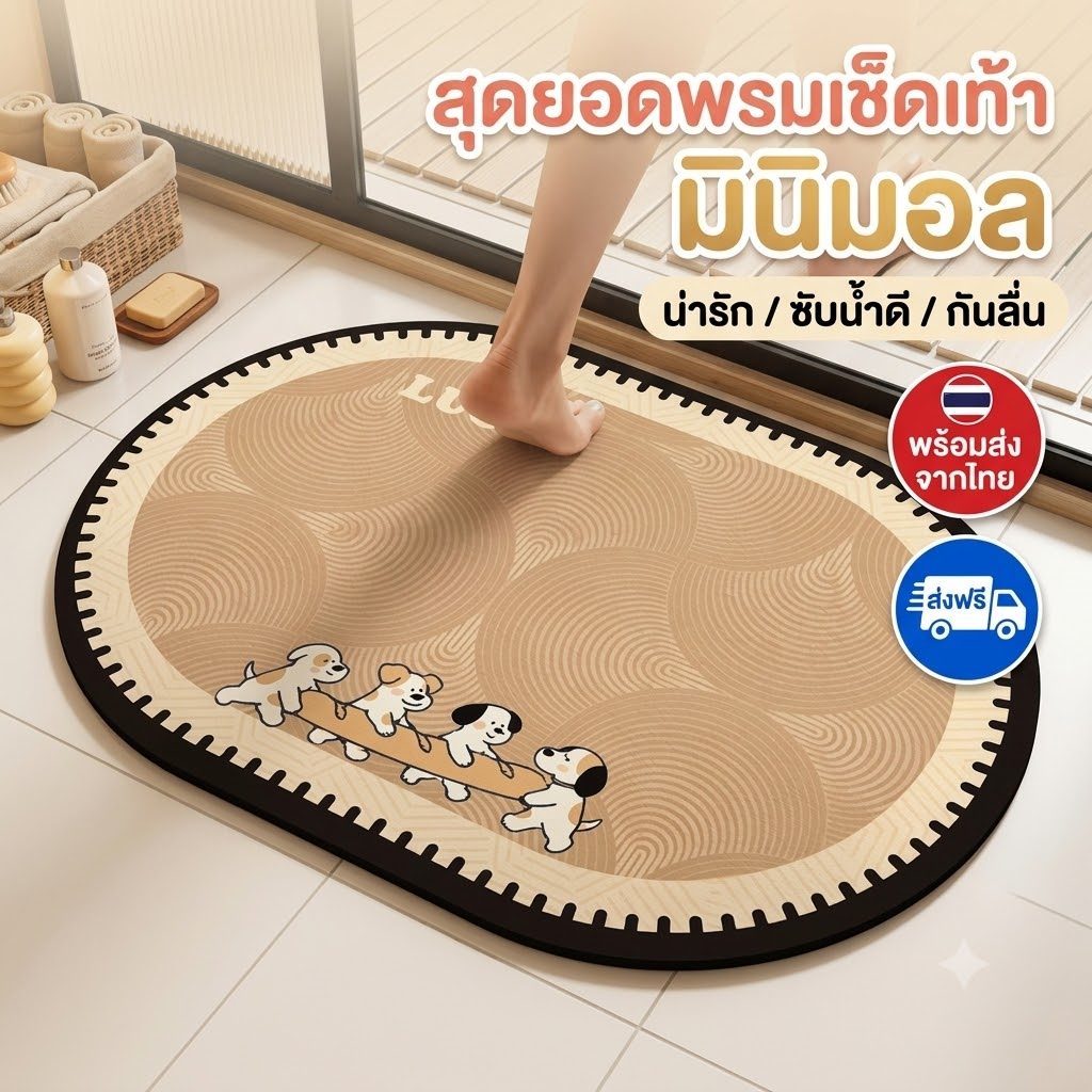 พรมเช็ดเท้าทรงรี มินิมอล ลายน่ารัก ซับน้ำดีเยี่ยม แห้งไว พรมห้องน้ำกันลื่น พร้อมส่งจากไทย