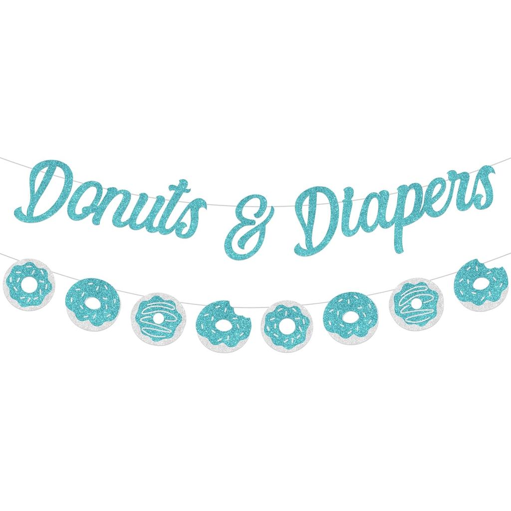 Sursurprise Donuts ตกแต่งอาบน้ําเด็ก, Donuts & ผ้าอ้อมแบนเนอร์ Garland Teal สําหรับเด็กชายและเด็กหญิ