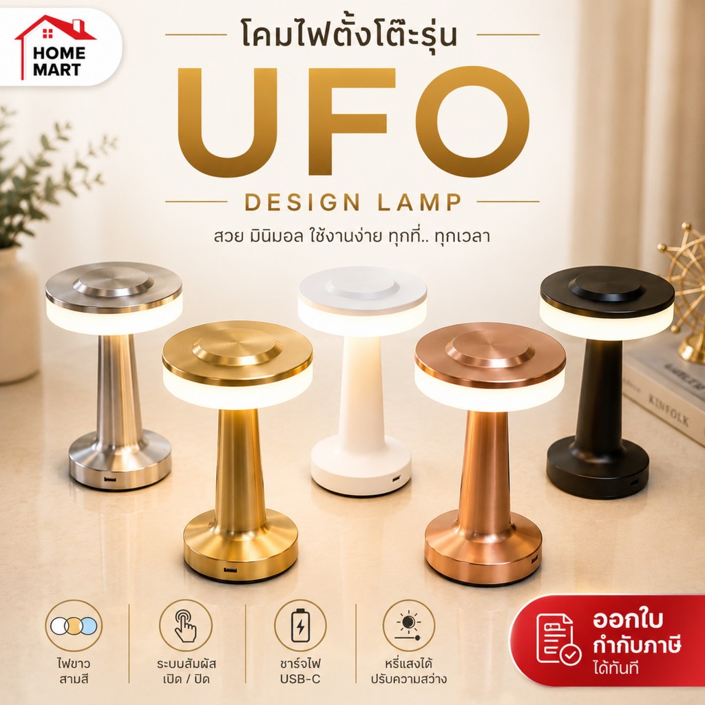 Homemart UFO Model LED Table Lamp | โคมไฟตั้งโต๊ะไร้สาย ทัช 3 สี ปรับแสงได้ ชาร์จ USB ดีไซน์มินิมอล พรีเมียม