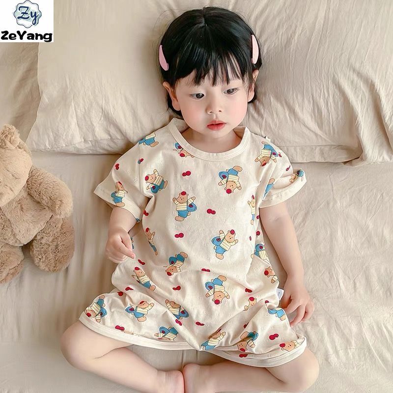 [ZY] 70-130 พร้อมสต็อกเด็ก Casual Nightgown Kick-Proof ชุดนอนเด็ก Ice Sense แขนสั้น Homewear Jumpsuit เสื้อผ้าเด็กแฟชั่น Fast Shipping