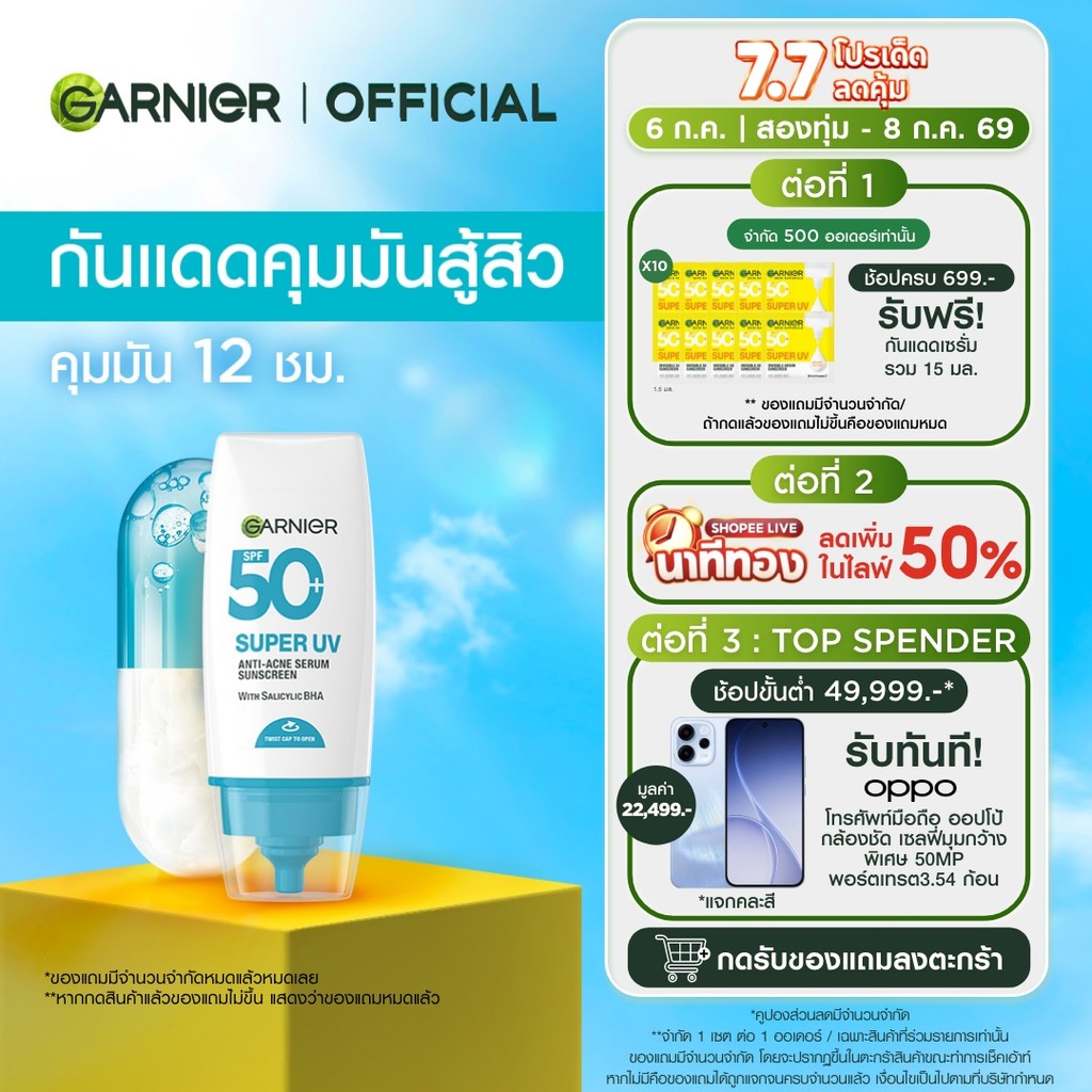 การ์นิเย่ ซุปเปอร์ ยูวี แอนตี้-แอคเน่ เซรั่ม ซันสกรีน 30มล. GARNIER SUPER UV ANTI-ACNE SERUM SUNSCREEN 30ml
