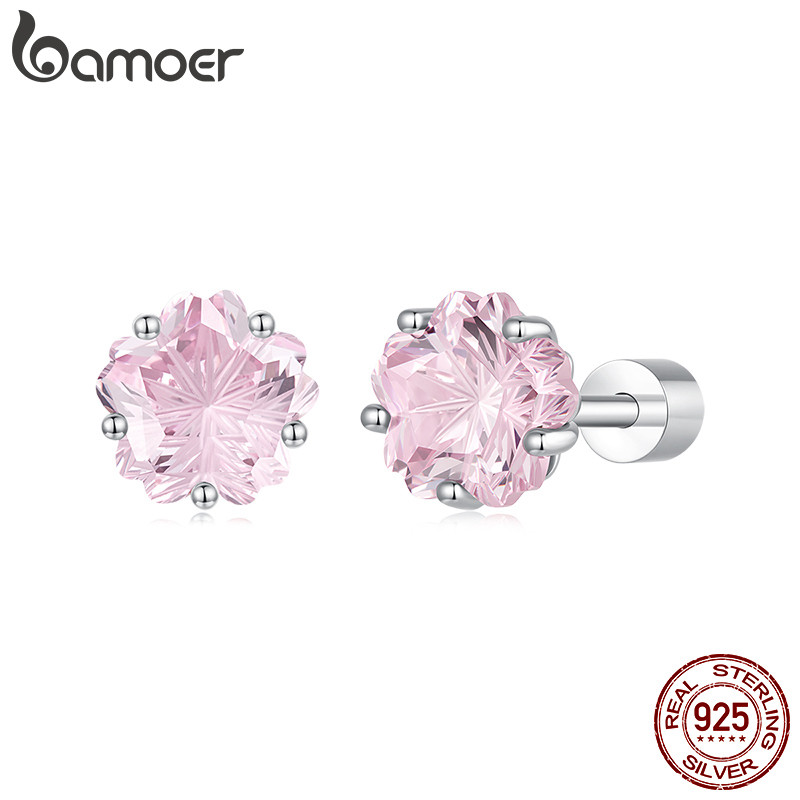 Bamoer ต่างหูเงินแท้ 925 Cherry Blossom Screw Back Jewelry ของขวัญสําหรับผู้หญิง