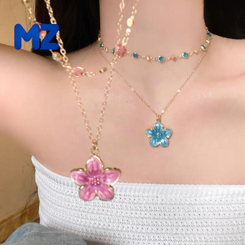 [MZ] Y2K Gold Plated Nelace Layered จี้ดอกไม้คริสตัลสีสันสดใส Choker สําหรับผู้หญิงเทศกาลฤดูใบไม้ผลิ