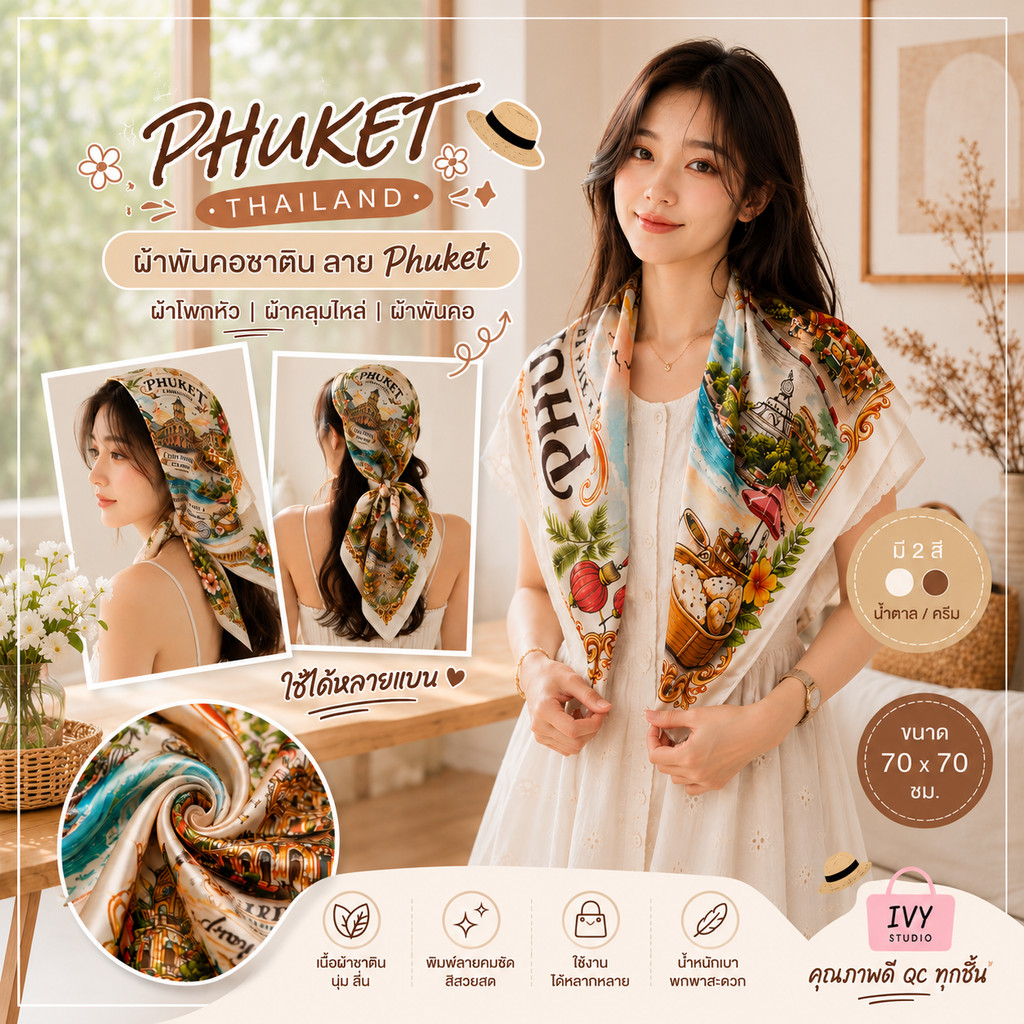 ผ้าพันคอซาติน ลาย Phuket (E08) ผ้าโพกหัว ผ้าคลุมไหล่ ผ้าโพกศรีษะ【70x70 ซม】ผ้ามัดผมเกาหลี