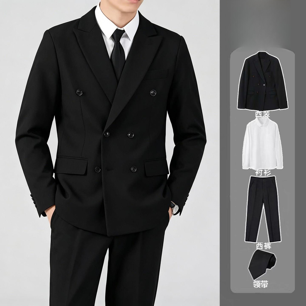 High-End Feeling Double-Breasted Blazer ผู้ชายเกาหลีรุ่นอินเทรนด์แคบเอว Slim-Fit ธุรกิจ