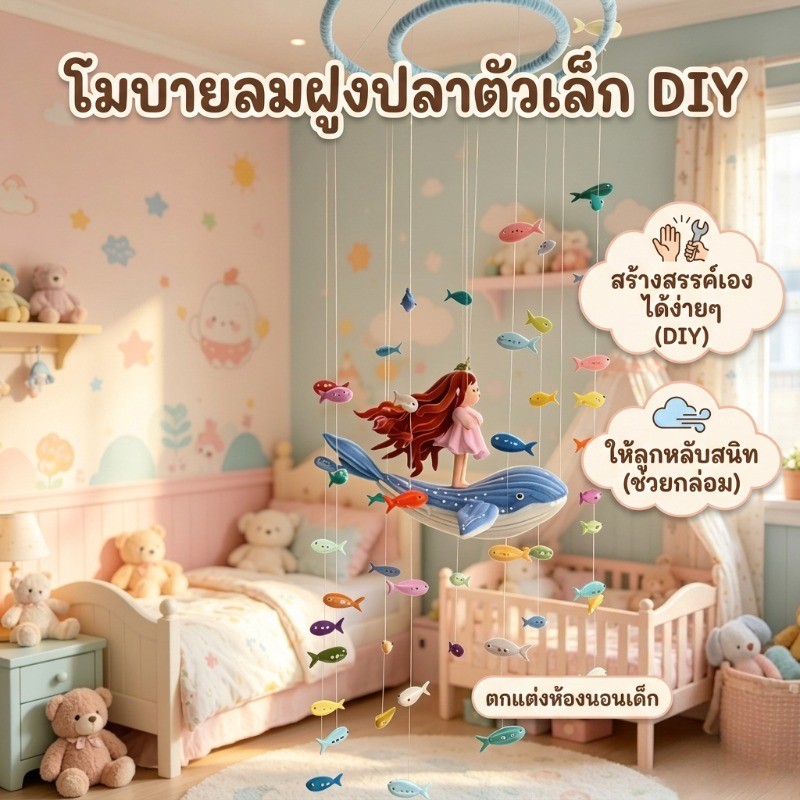 COD การ์ตูนปลาตัวเล็กกระดิ่งลม DIY บาร์บิด ปลามนุษย์เจ้าหญิง/กระดิ่งลมปลาน้อยในทะเล กระดิ่งลมกลางแจ้ง แขวนแอร์ ﻿
