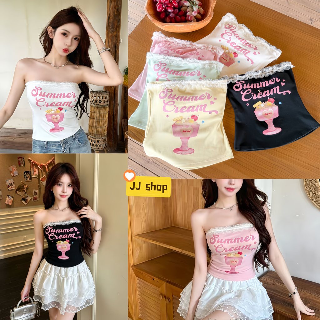 JJ Shop​ พร้อมส่ง เสื้อเกาะอก ลายพิมพ์ภาษาอังกฤษไอศครีม แบบสั้น เซ็กซี่ สไตล์เกาหลี สไตล์ลำลอง-FY666