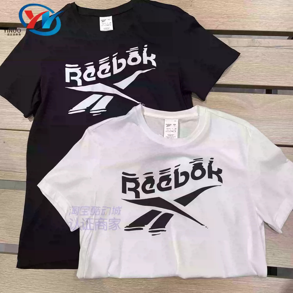 Reebok Mens 100% Premium Cotton Breathable ดูดซับเหงื่อ Blur Wave Classic Vector โลโก้พิมพ์รอบคอแขนส