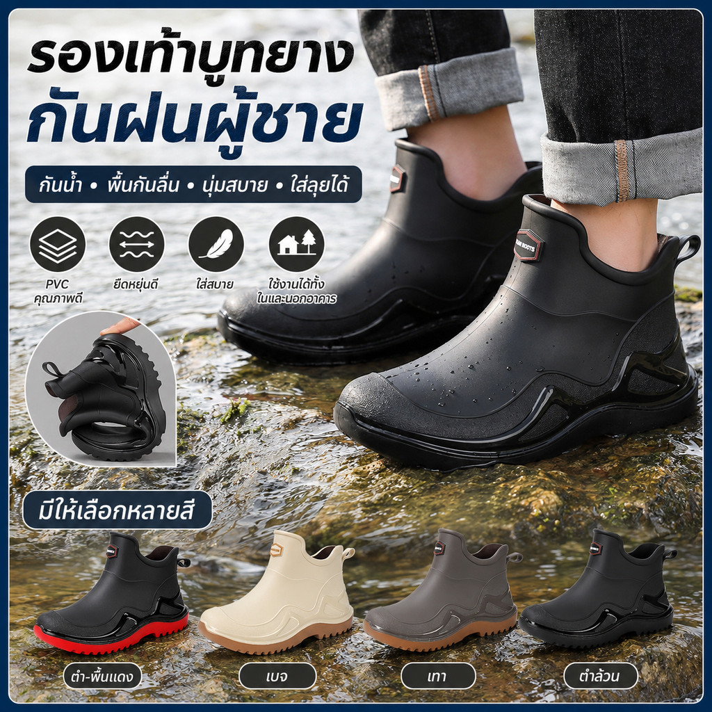ผู้ชายหลอดสั้นยางรองเท้าฝนกันน้ํากันลื่นหนาทนทานเหมาะสําหรับทํางาน, ตกปลา, ขี่จักรยานและกลางแจ้ง