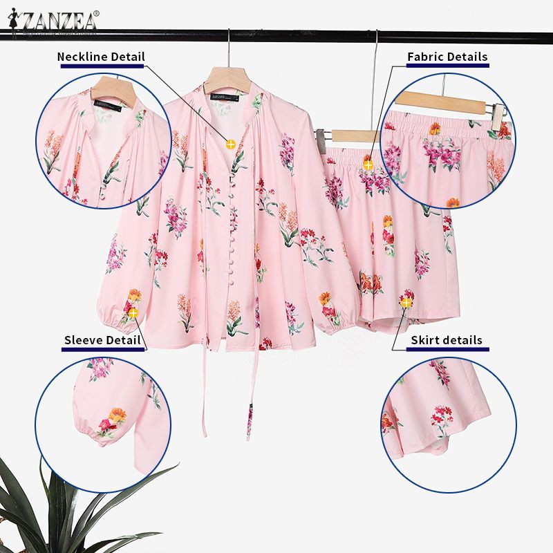 ZANZEA ผู้หญิงเกาหลี Boho วันหยุดสไตล์ V คอโคมไฟแขนปุ่มตกแต่งขากว้างดอกไม้พิมพ์ Tops & กางเกงขาสั้น — صورة 7