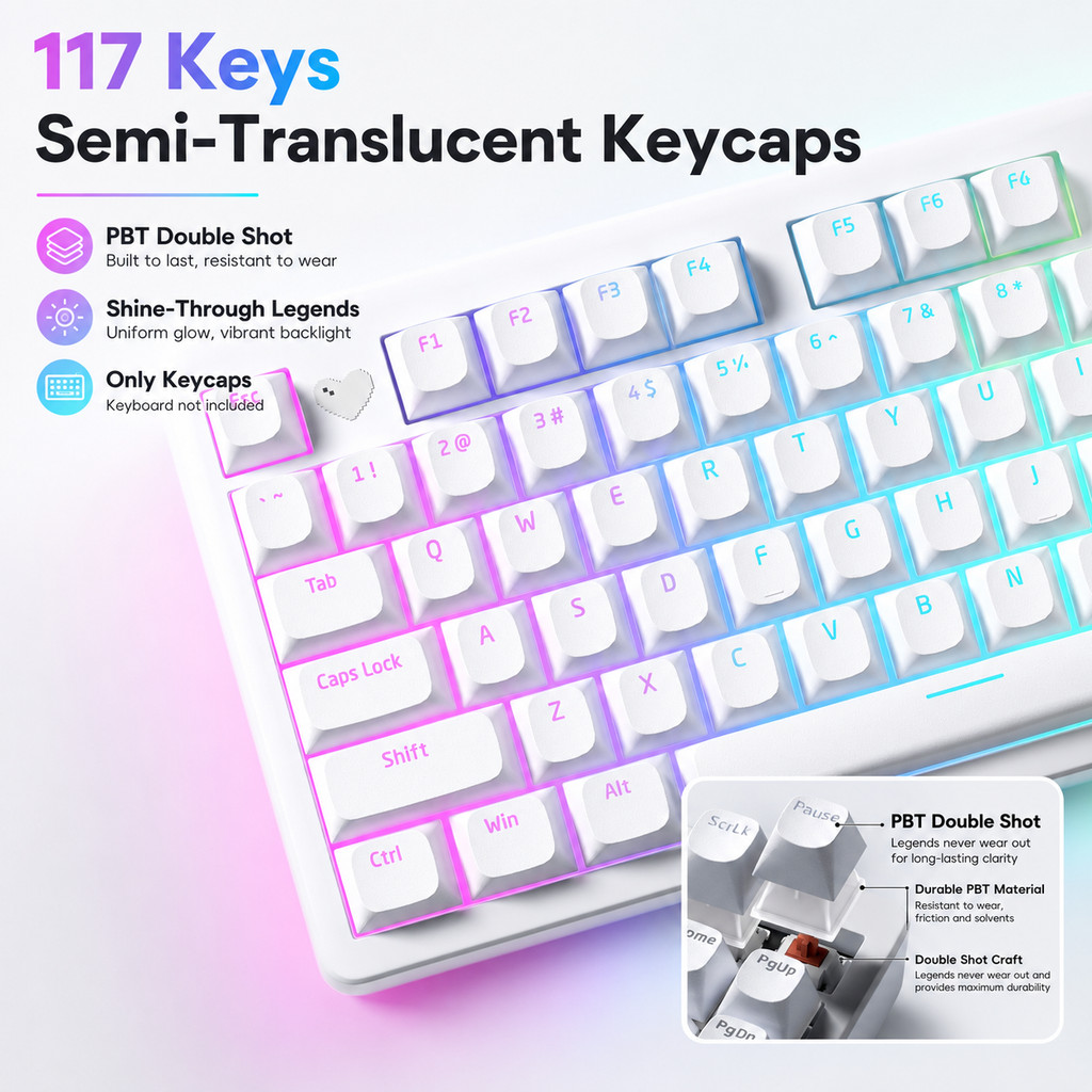 Pudding Style Semi-Translucent PBT Keycaps Set 117Keys Double Shot Shine-Through Keycaps สําหรับคีย์