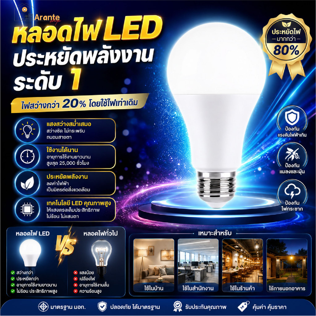 หลอดไฟ LED E27 รุ่น LS 5W/9W/12W/18W/24W แสงขาว6500K/วอร์ม3000K ประหยัดไฟ80% กันฝุ่นกันแมลง มุมกระจายแสง260° ผ่านมอก.