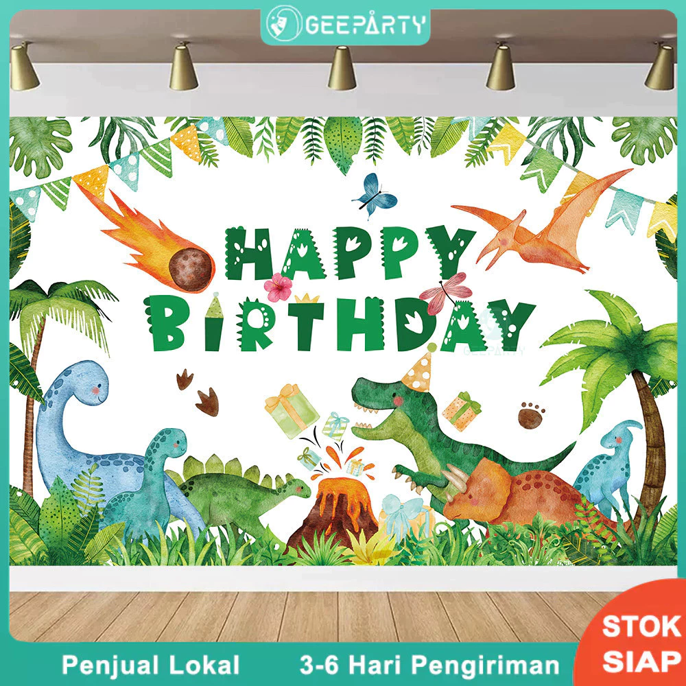 GeeParty ฉากหลังไดโนเสาร์ดาวหาง 150x100 ซม. แบนเนอร์ Happy Birthday ตกแต่งวันเกิดเด็ก ธีมไดโนเสาร์ ฉากถ่ายรูป ของตกแต่งป
