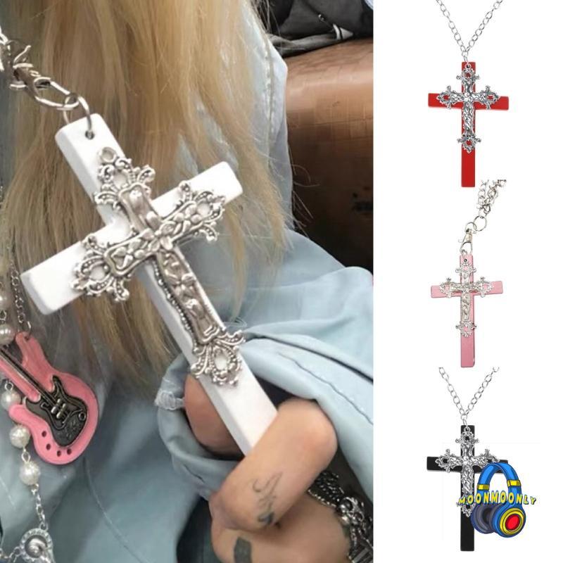 MOON Fashion Gothic Long Chain Necklace Aesthetic Cross Pendant Necklace