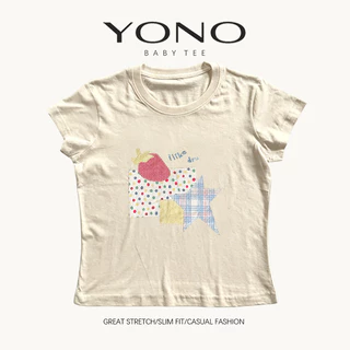 (พร้อมส่ง24ชม.) YONO baby tee สีชมพู ลายดาวตารางและกราฟิกพาสเทล ทรงเข้ารูป สไตล์เกาหลี y2k