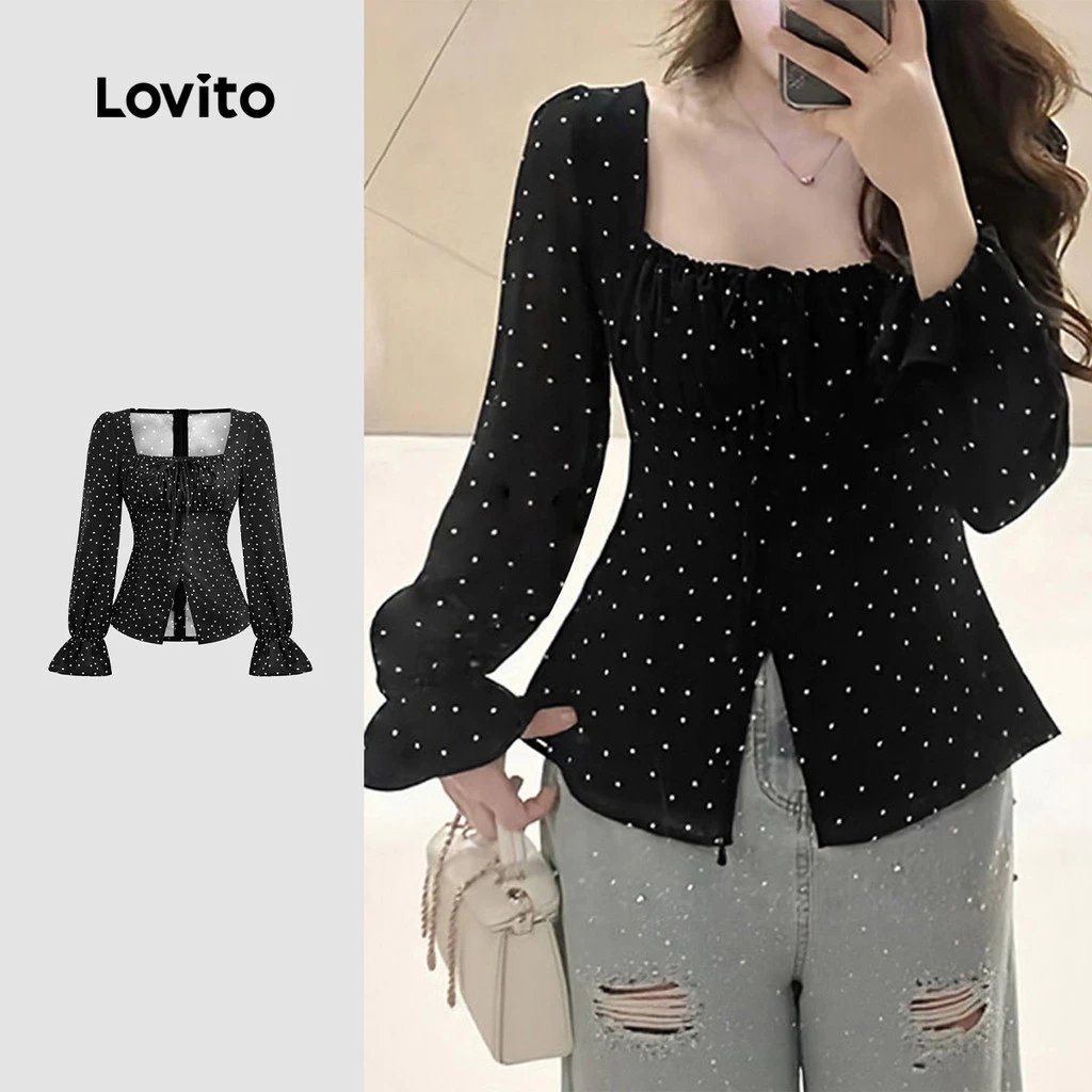 Lovito เสื้อเบลาส์แคชชวลผูกเชือกสีดำ ฤดูใบไม้ร่วง/ฤดูหนาว งานศพ สำหรับผู้หญิง เกาหลี อินเทรนด์ L159AD021