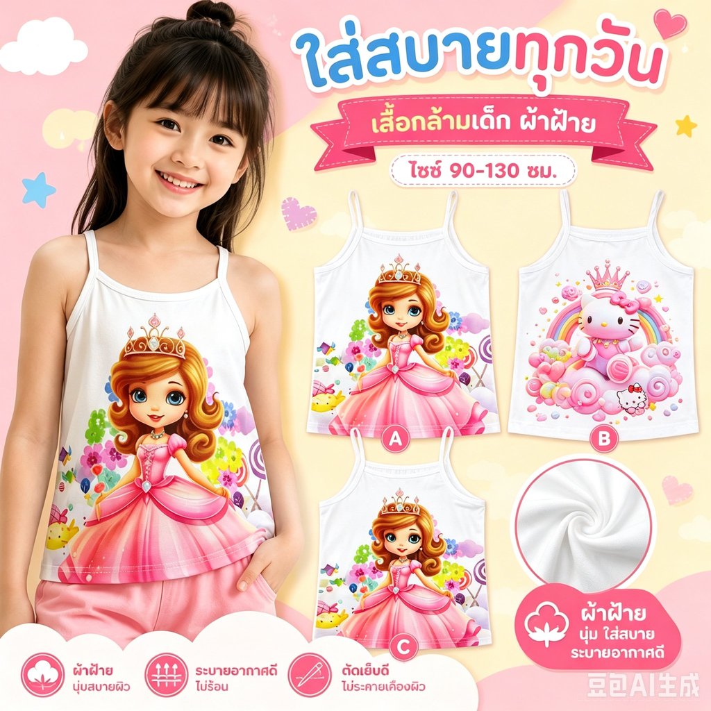 เสื้อกล้ามเด็กผู้หญิง สายเดี่ยวลายการ์ตูนแฟนตาซี สีสันสดใส ใส่สบาย เหมาะสำหรับเด็ก 90-130 ซม