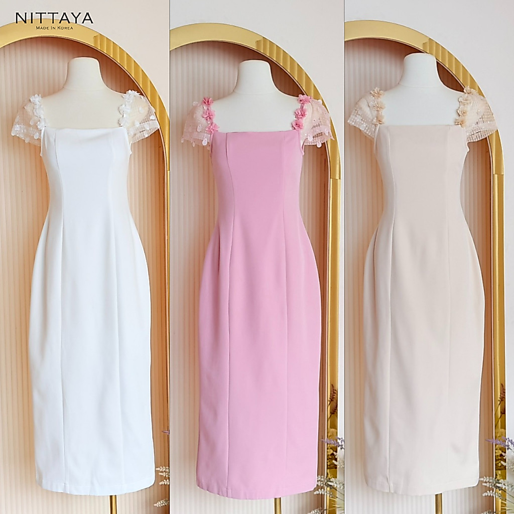 NITTAYA D2884 ชุดเดรสกระโปรงยาวคอเหลี่ยมแขนสั้นซีทรูดีเทลแ
