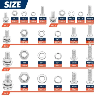 320PCS น๊อตสกรู 304 น๊อตสแตนเลส สกรูสแตนเลส สกรูขนาดเล็ก M2-M5 ชุดน็อตและแหวนรอง หัวกระทะข้ามเกลียวเต็ม