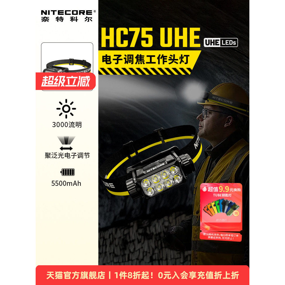 NITECORE NITECORE HC75 UHE ไฟหน้าทํางานกลางแจ้งรูปแบบใหม่แสงที่แข็งแกร่งไฟหน้าโฟกัสอิเล็กทรอนิกส์ที่