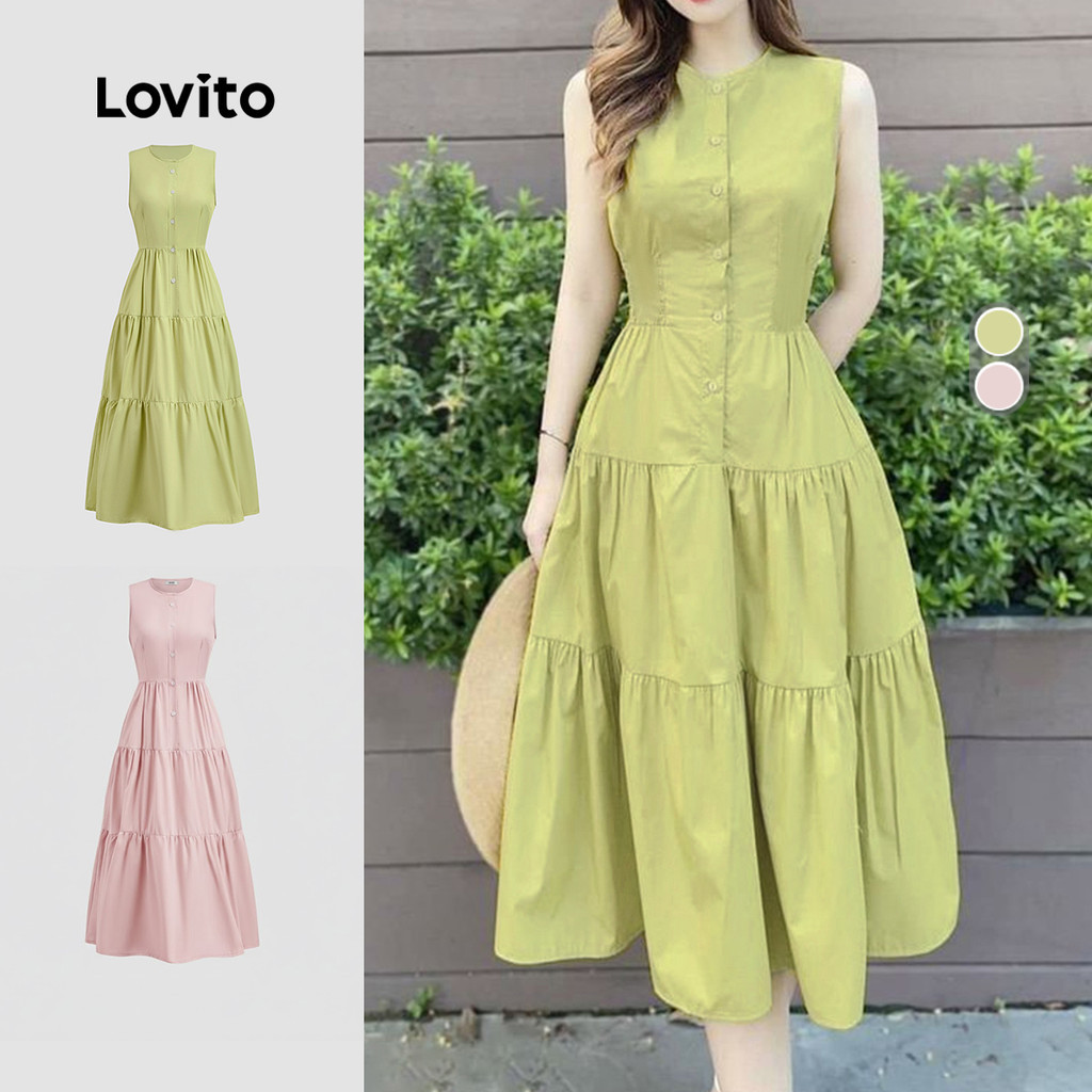 Lovito เดรสลำลองทรงเข้ารูปติดกระดุม สีเขียวสำหรับผู้หญิง เหมาะสำหรับฤดูใบไม้ผลิ/ฤดูร้อน L149ED1235