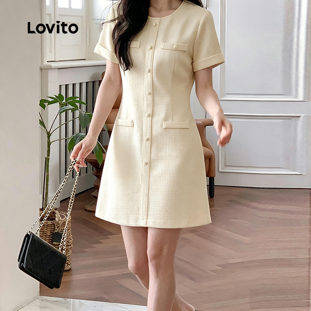 Lovito สง่างาม ชุดเดรสหรูหรา ชุดเดรสปุ่มธรรมดาสําหรับผู้หญิง LNE69055
