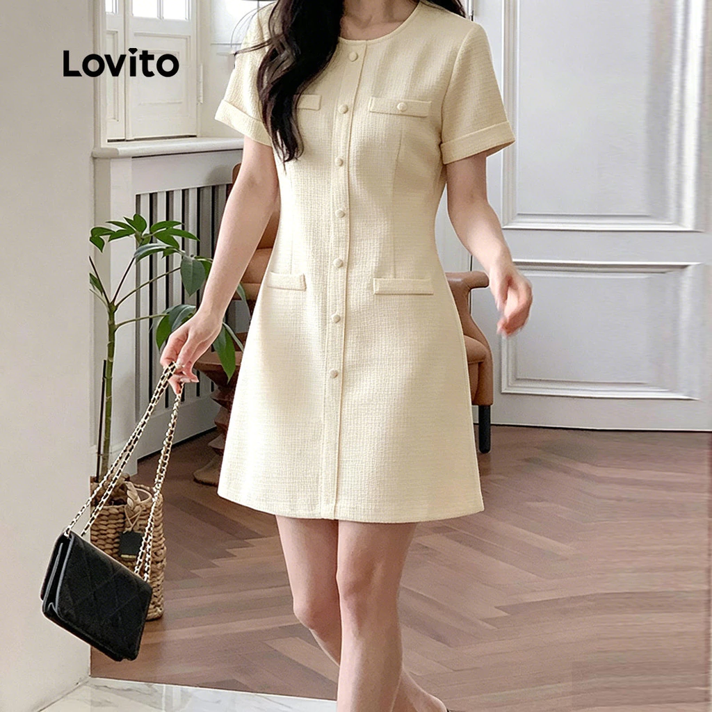 Lovito สง่างาม ชุดเดรสหรูหรา ชุดเดรสปุ่มธรรมดาสําหรับผู้หญิง LNE69055