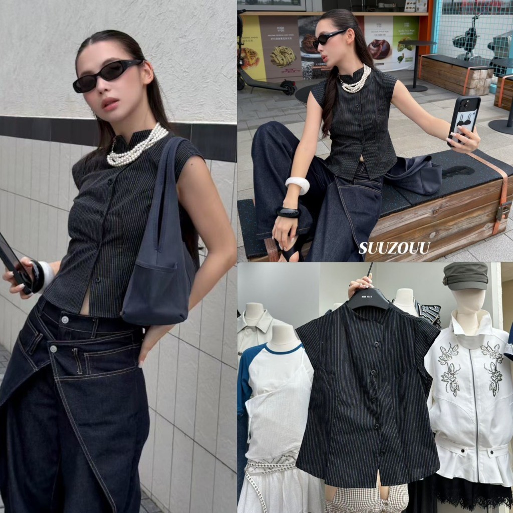 SU536 Stripe Sleeveless Top เสื้อแขนกุดลายทาง ดีไซน์คอตั้ง กระดุมหน้า แฟชั่นเกาหลี TAG MM Fish