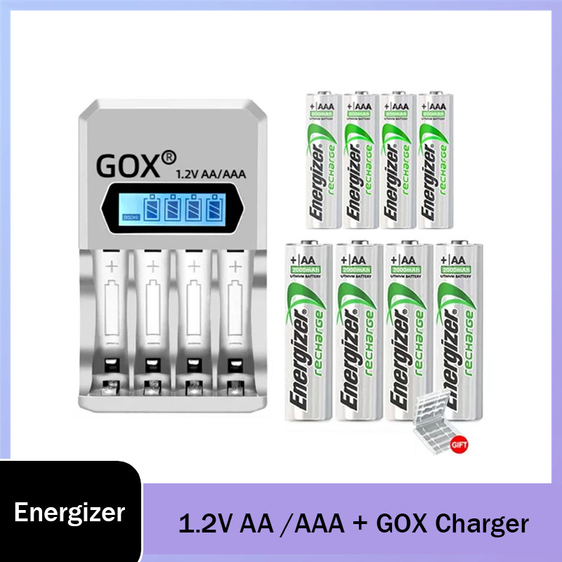Energizer 1.2V AA 2000mAh / AAA 800mAh แบตเตอรี่แบบชาร์จไฟได้พร้อมเครื่องชาร์จจอแสดงผล LCD ที่อัปเกรดได้