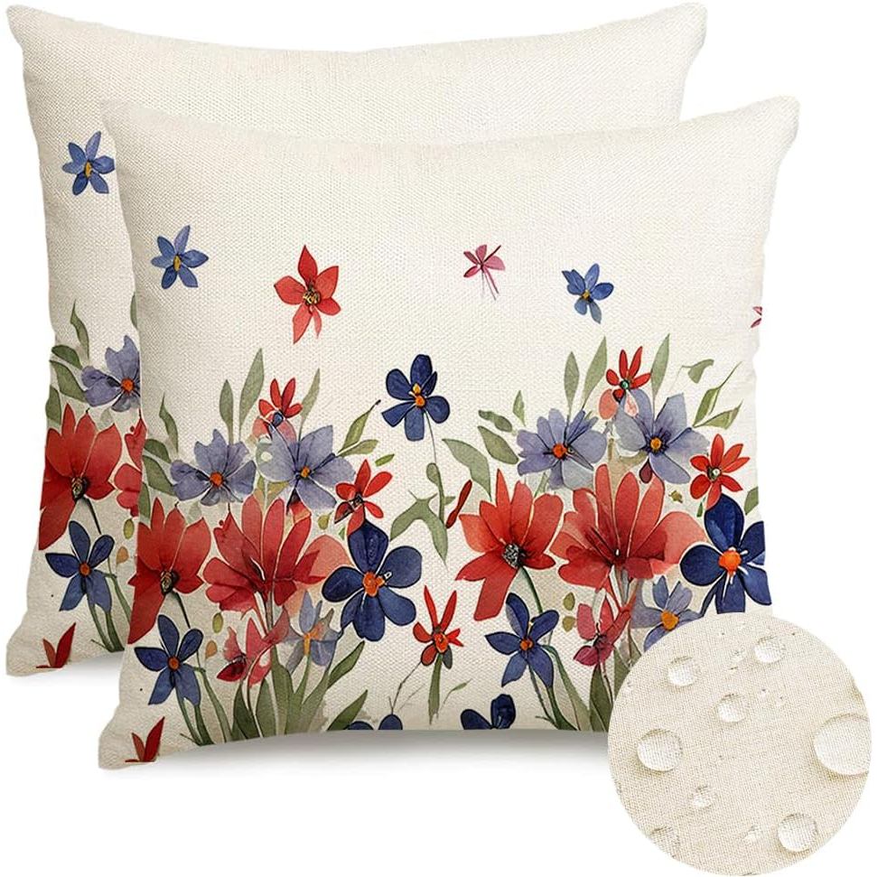 RABUSOFA 4th of July ตกแต่งหมอน 18x18 นิ้วชุด 2, กันน้ํากลางแจ้ง America สีแดงสีขาวและสีน้ําเงินดอกไ