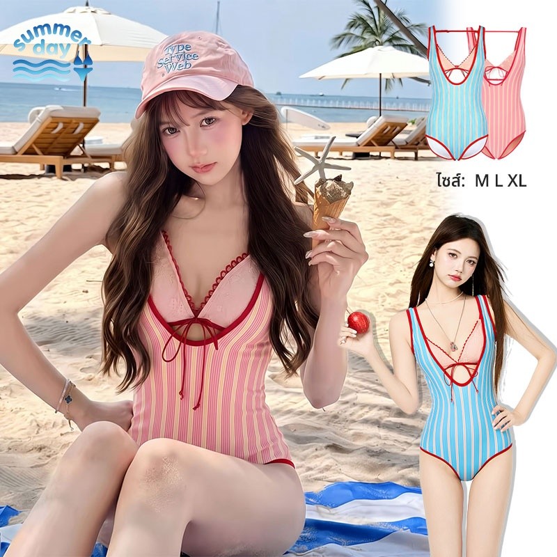Summer Day⛲⛲ลายเส้น บอดี้สูท ins ชุดว่ายน้ำ มีหลายสีให้เลือก สไตล์เกาหลี น่ารักและหวาน ส่งไวจากไทย