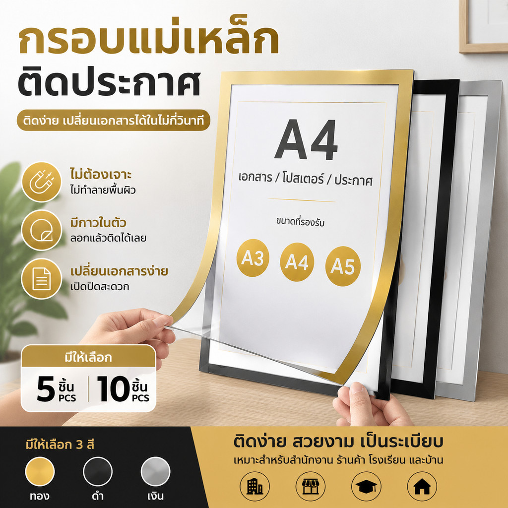 [1แพ็ค5/10แผ่น] กรอบป้ายแม่เหล็กติดผนัง ไม่ต้องเจาะ มีกาวในตัว ขนาดA3/A4/A5/A6 ซองใส่เอกสารติดผนัง