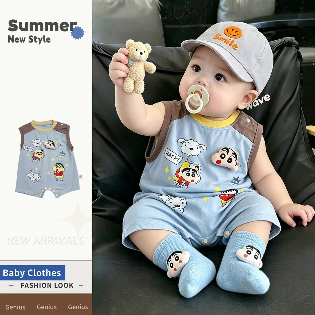 0-28 เดือนการออกแบบสีตัดกันฤดูร้อนใหม่ชุดบอดี้สูทแขนกุดเด็กหล่อ ดินสอสี ใหม่บางสไตล์เกาหลีทนกว่า ชุดรอมเปอร์