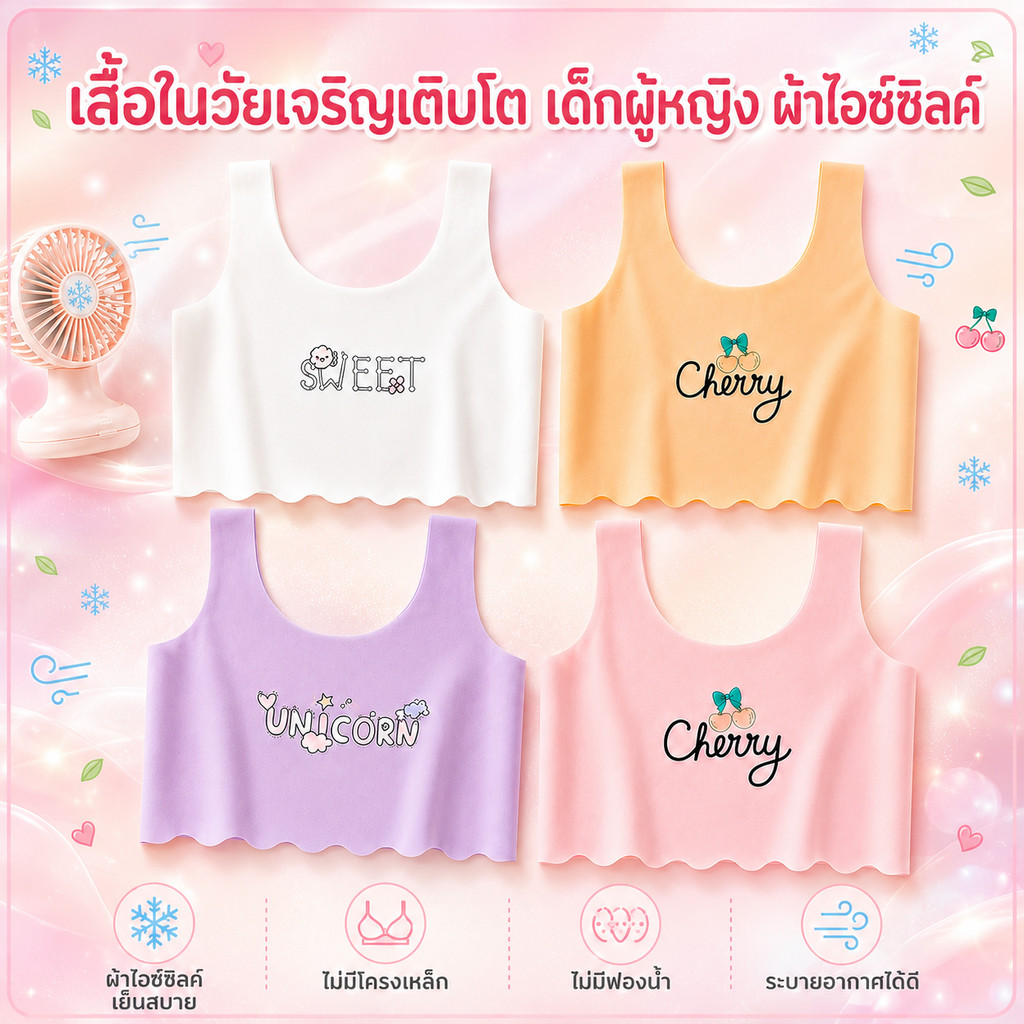 [Local Shipping] เสื้อในเด็กโตผู้หญิงวัยเปลี่ยนร่าง ชุด4ตัว ผ้าไอซ์ซิลค์ไร้ตะเข็บ ป้องกันเห็นจุดนม สวมใส่สบาย