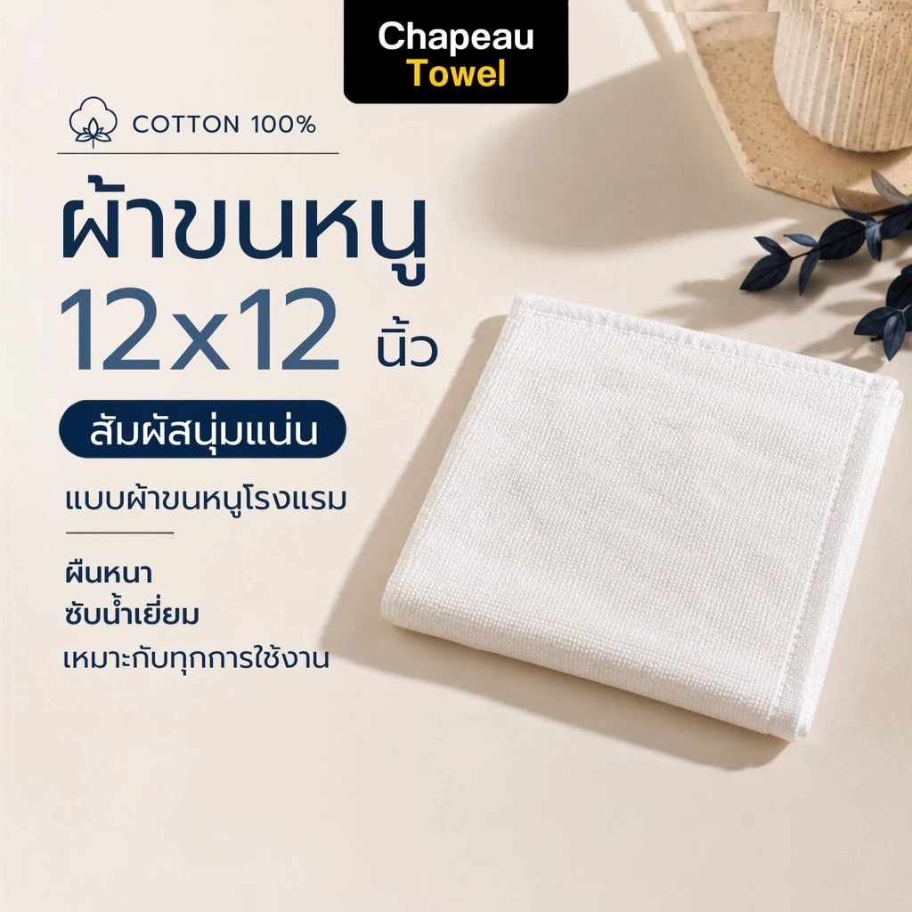 ผ้าขนหนูโรงแรม 5 ดาว ผ้าเช็ดหน้า Cotton 100% ขนาด 12x12 นิ้ว หนาพิเศษ นุ่มฟู ใช้ได้นาน