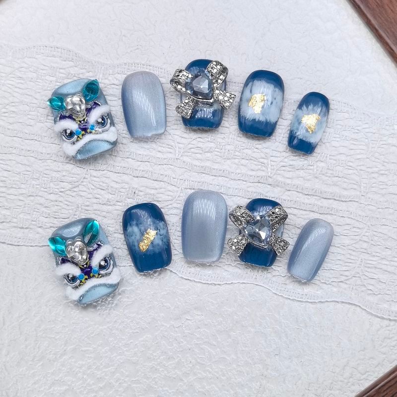 [Lanyun Wake Up Lion] ปีใหม่สไตล์จีน Blue Lion Nails Whitening Handmade Wear Nails Hanrafted Nails26