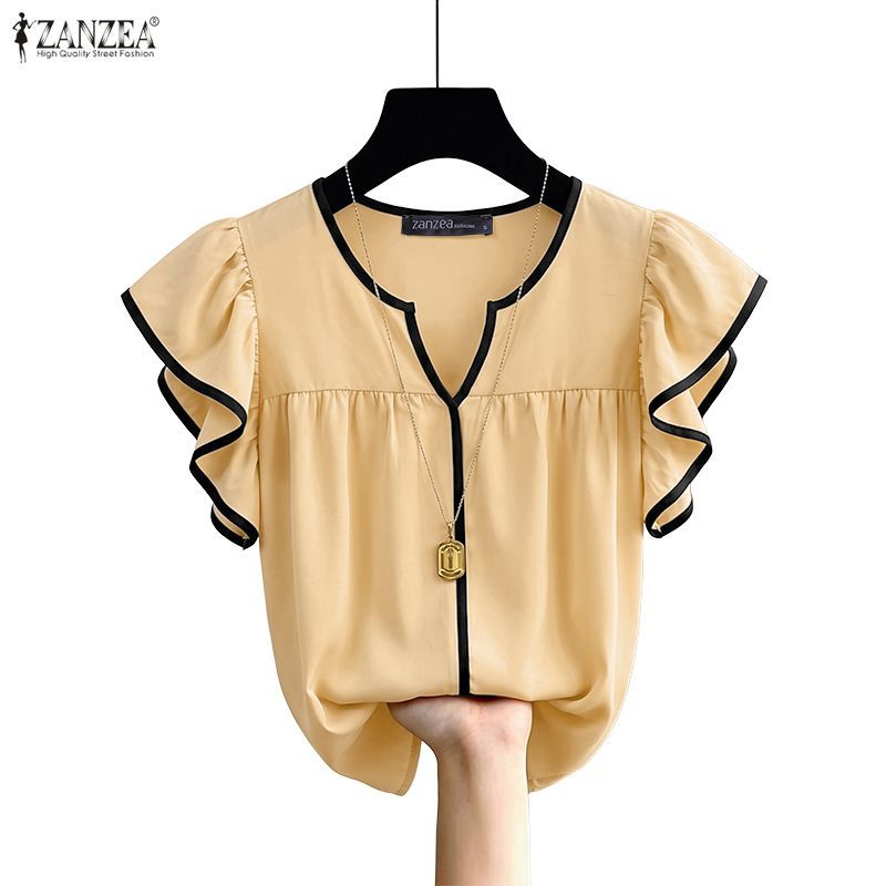 ZANZEA ผู้หญิงเกาหลีสี Contrast Ruffle แขนสั้นคอวีชิ้นเดียวเสื้อหลวม