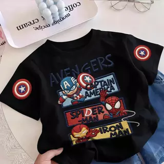 เสื้อยืดเด็กผ้าฝ้ายแท้แขนสั้น ลายปัก Marvel Avengers อเวนเจอร์ส รวมฮีโร่ กัปตันอเมริกา สไปเดอร์แมน ไอรอนแมน