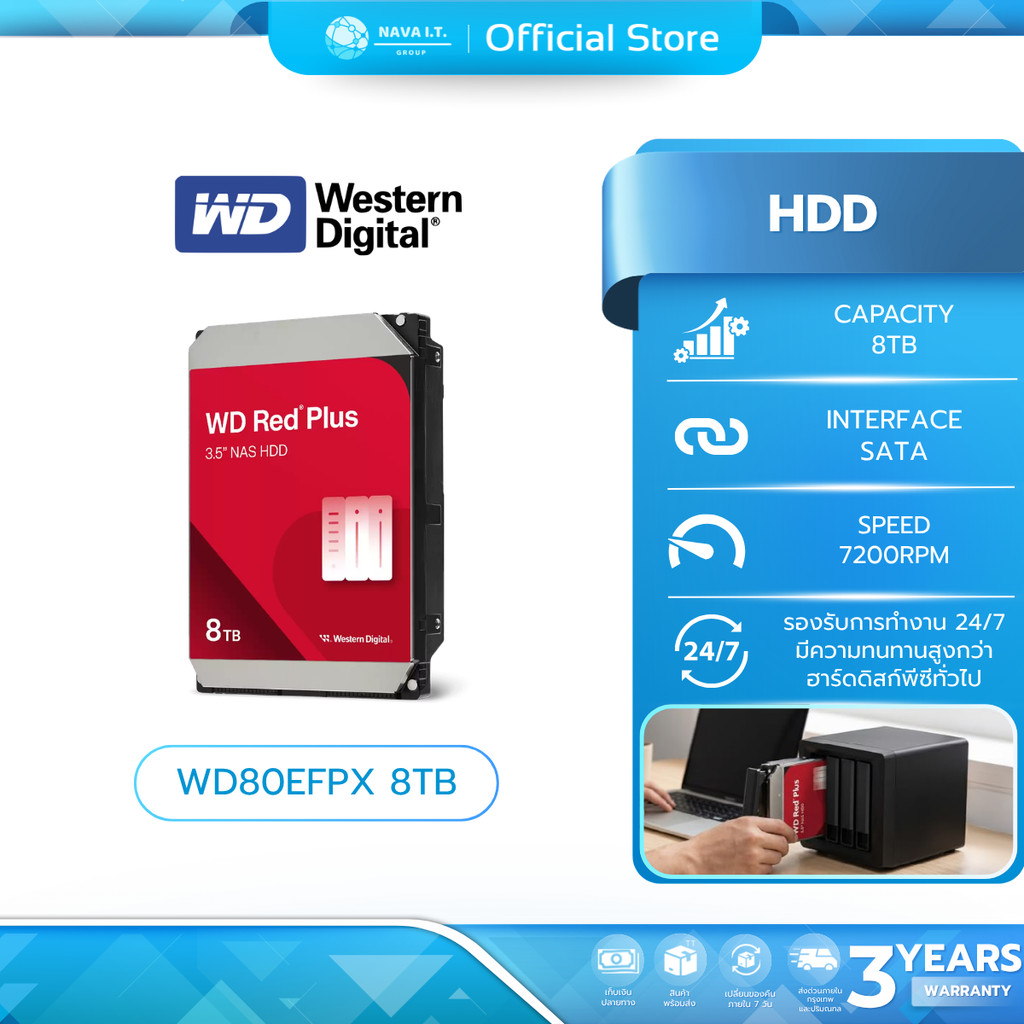 (มีส่งด่วน) WD HDD (ฮาร์ดดิสก์) RED PLUS 8T SATA 7200RPM (WD80EFPX) WARRANTY 3 YEARS
