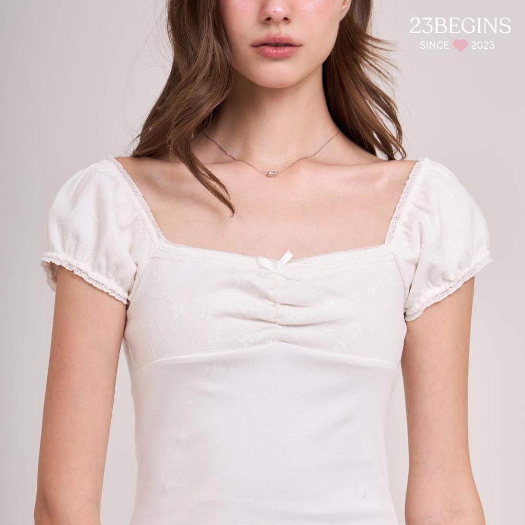 Amie Lace เสื้อปาดไหล่ผูกโบว์ แขนมียางยืด (00147)