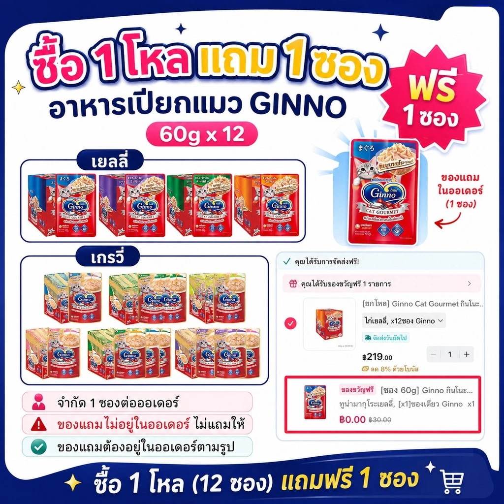 [ยกโหล] Ginno Cat Gourmet กินโนะ อาหารแมวแบบเปียก 60 g (โหล 12 ซอง)