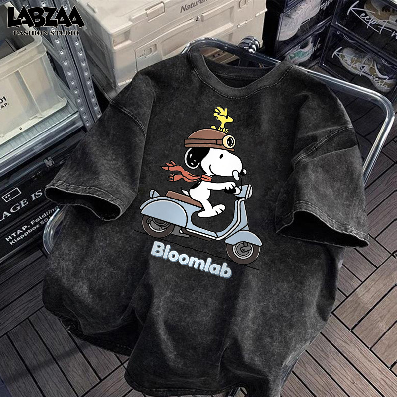 【จัดส่งจากกรุงเทพฯ】LABZAAวินเทจฟอกน้ำ🏍️ลายสุนัขขี่มอเตอร์ไซค์ เสื้อยืดแขนสั้นคอกลม ผ้าหนายับยากรีดง่าย YG3650