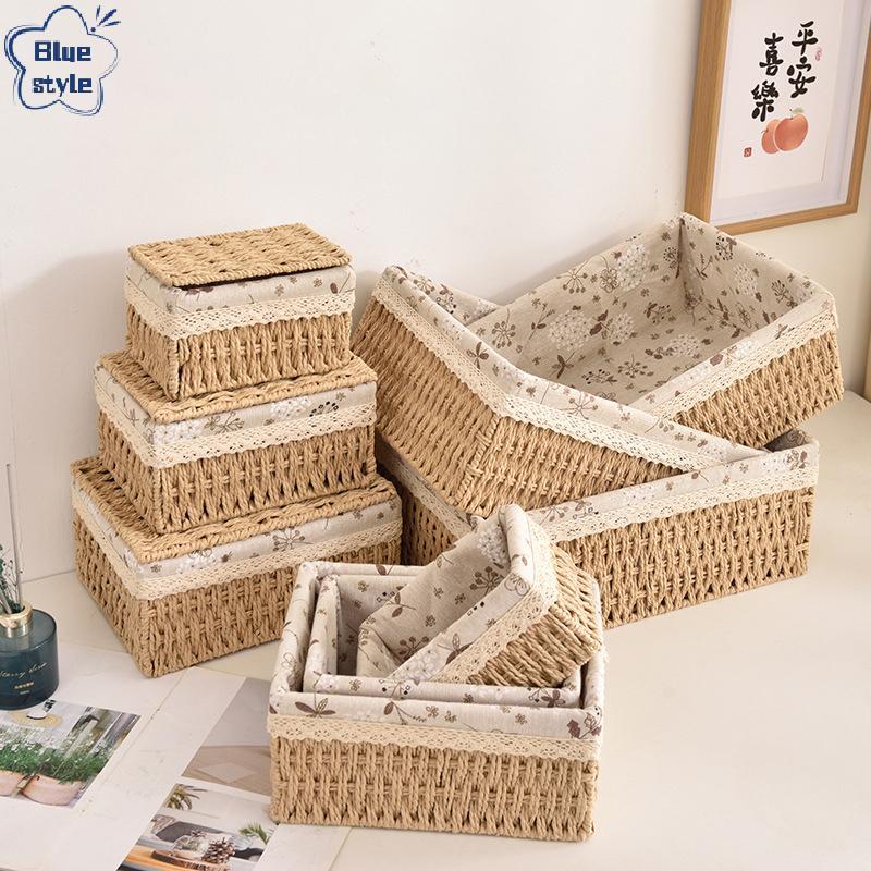 Bluestyle ตะกร้าเก็บอเนกประสงค์หวายเทียมเดสก์ท็อป Sundries Organizer เครื่องสําอาง Sna ตะกร้าตกแต่งบ้านใหม่