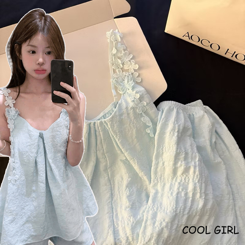 girl สไตล์หวานๆ ชุดอยู่บ้าน ทรงหลวม ชุดนอนผู้หญิง การตกแต่งดอกไม้ แขนกุด ระบายอากาศ มีให้เลือกสองสี