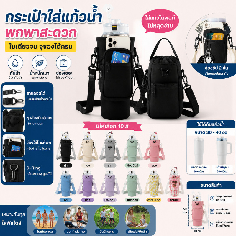 กระเป๋าใส่ขวดน้ำ กระเป๋าแก้วน้ำ กระเป๋าขวดน้ำแบบกันน้ำ มีสาย