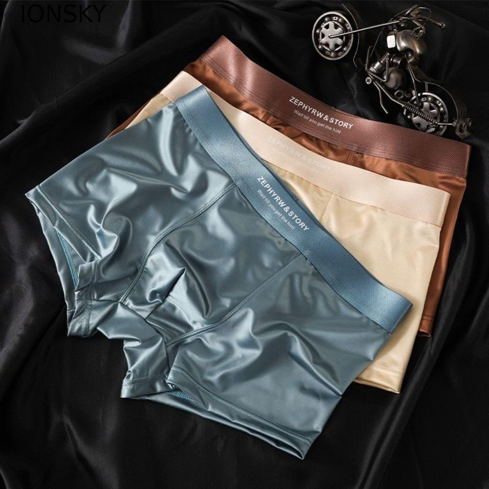 IONSKY 3 ชิ้นผ้าไหมน้ําแข็งกางเกงผู้ชาย,Breathable Satin-like Boxer ชุดชั้นใน,หรูหรา Double-layer Cool กางเกง Smooth กางเกงผู้ชายสําหรับฤดูร้อน