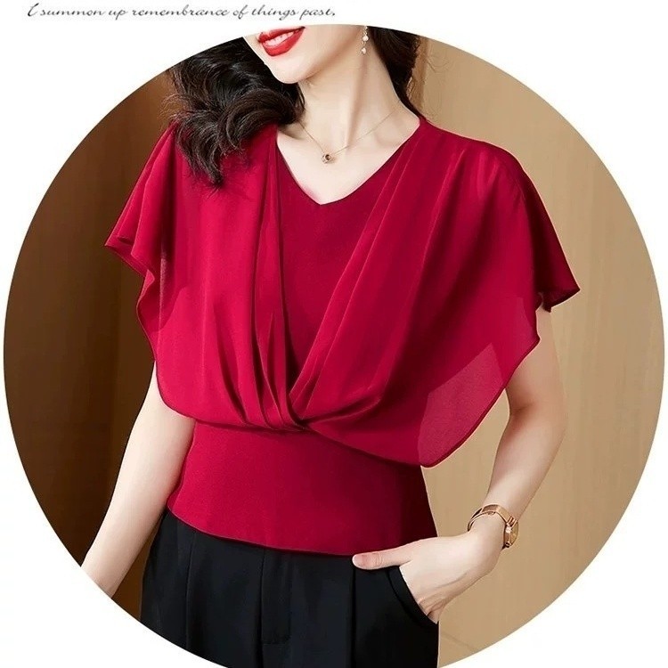 เสื้อเบลาส์ผ้าชีฟองคอวีแขนสั้น ฤดูร้อนแบบสบาย ๆ สองปลอมหลวม