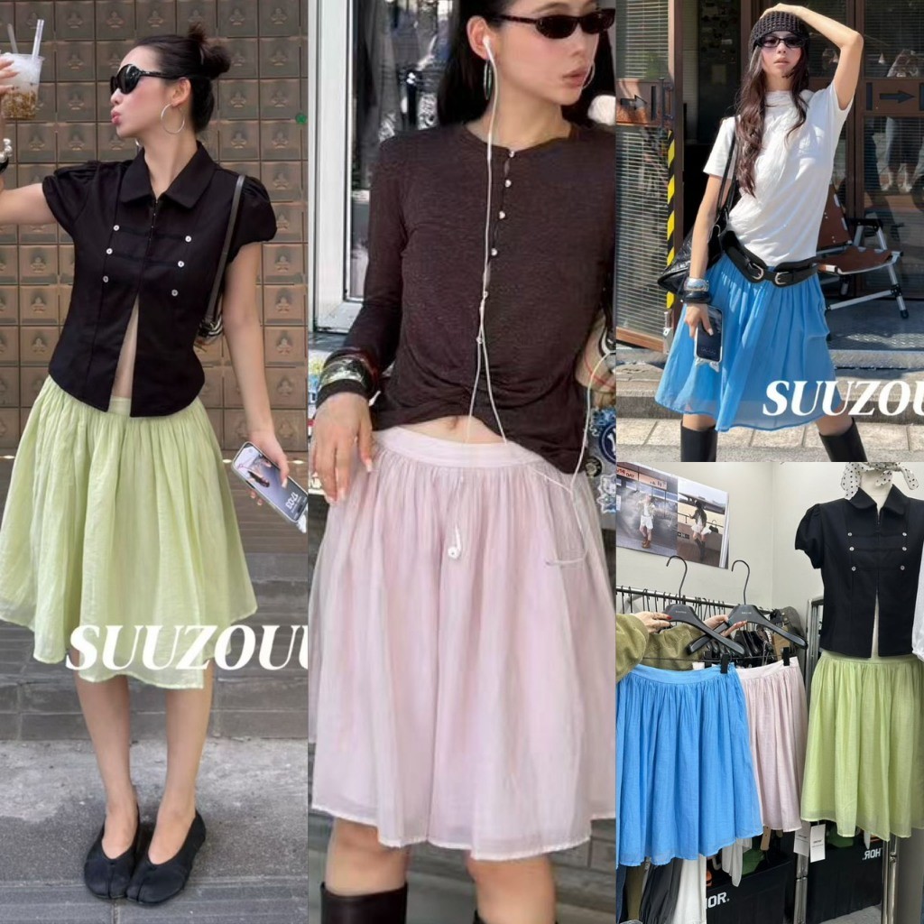SU538 Pastel Chiffon Flared Mini Skirt กระโปรงสั้นผ้าชีฟองพริ้วจับจีบ แฟชั่นเกาหลี TAG MM Fish