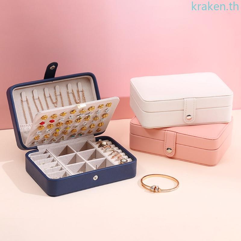 KRA กล่องเก็บเครื่องประดับช่องสองชั้นตะขอสร้อยคอแหวนม้วนและหนัง PU ภายนอกสําหรับ Travel Pac