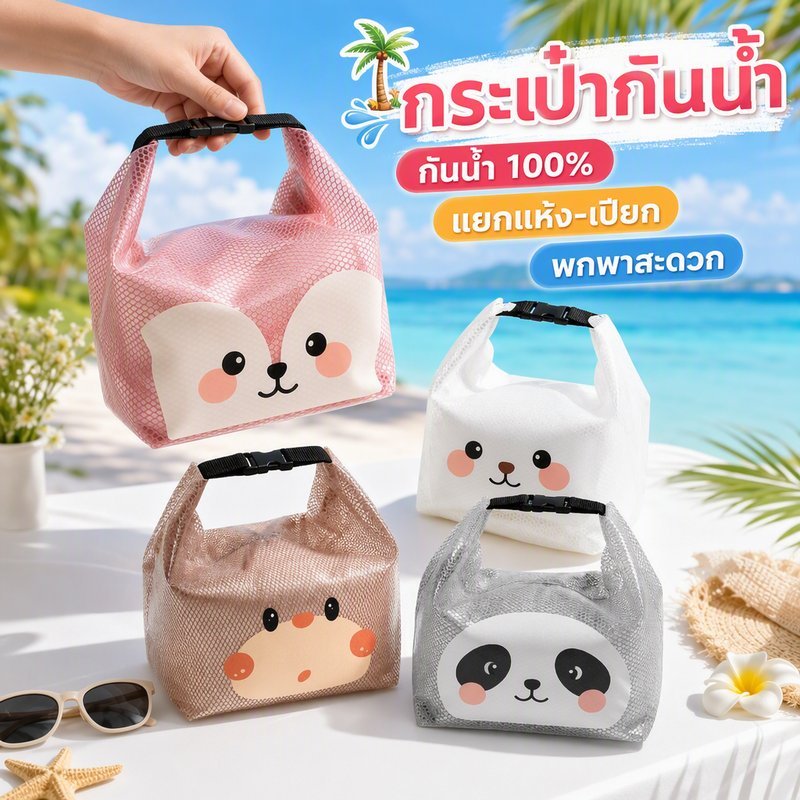 กระเป๋าว่ายน้ำกันน้ำ PVC แยกแห้งเปียก ขนาดใหญ่ ลายการ์ตูน ถุงอาบน้ำ พกพา ทะเล สระ ฟิตเนส